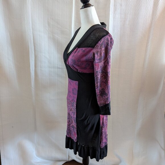 Tricotto Patchwork Paisley Dress Black Purple Mesh Detail Small Art to wear Y2K - Picture 2 of 13
